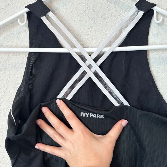 Ivy Park Black One Piece Swimsuit Bodysuit Mesh Cutouts Cross Back Size L EUC - Picture 6 of 9